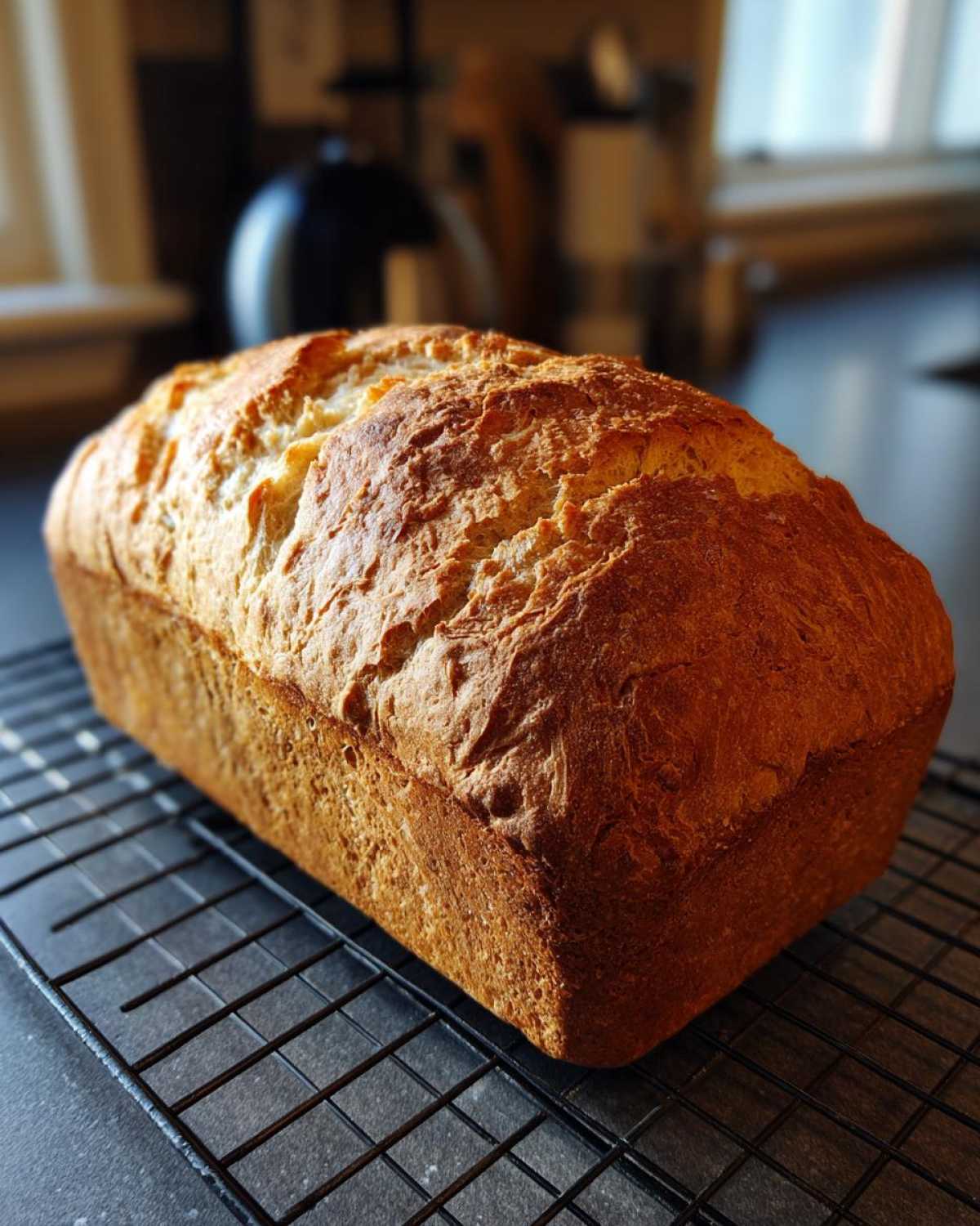 A golden-brown, freshly baked loaf of whole wheat bread cooling on a black wire rack.