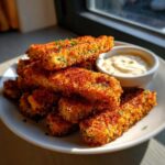 A pile of crispy, golden brown Fried Pickles sticks served on a white plate next to a small bowl of creamy dipping sauce.