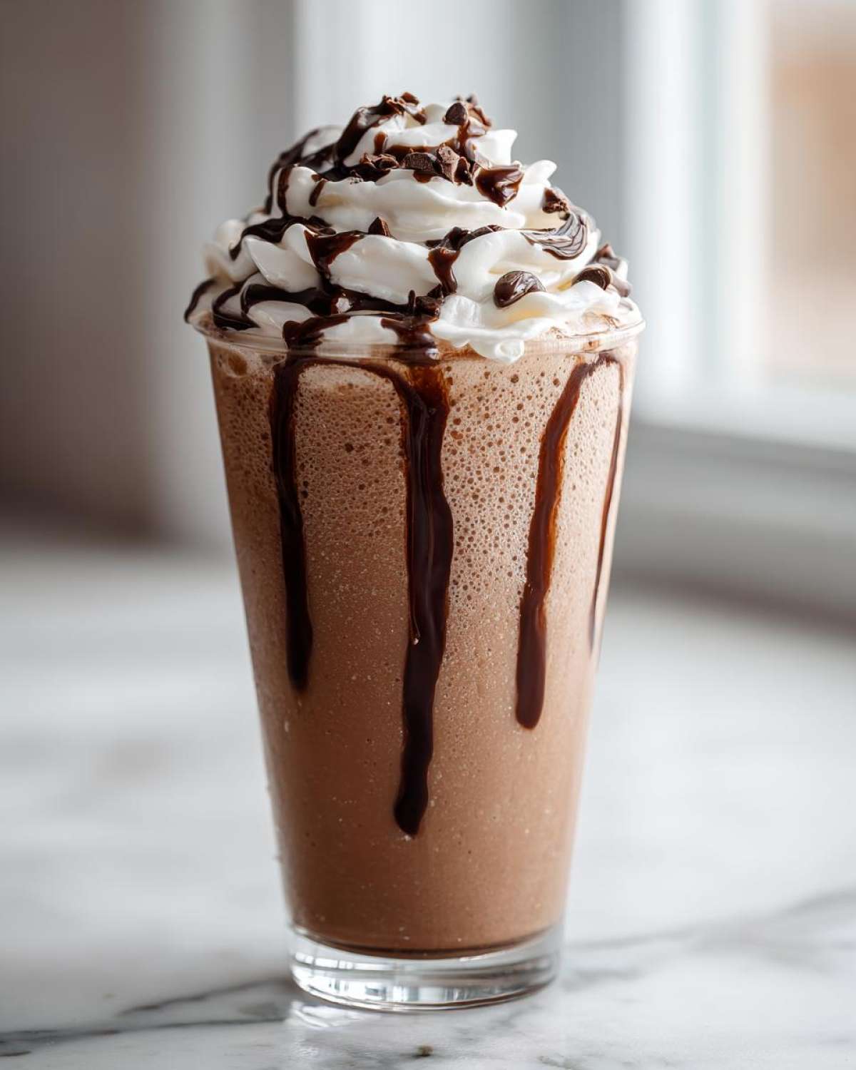 A tall glass of rich, blended frozen hot chocolate drizzled with chocolate syrup and topped with whipped cream.