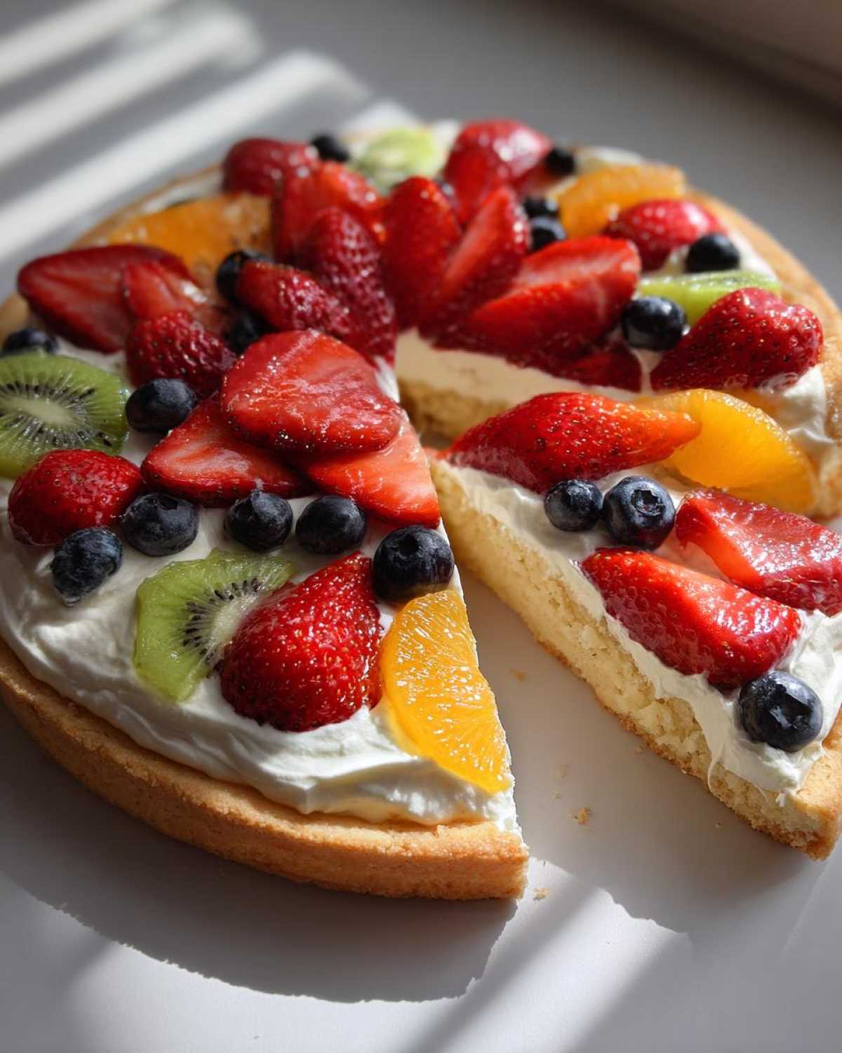 A slice cut from a vibrant fruit pizza sugar cookie topped with whipped cream, strawberries, blueberries, kiwi, and orange segments.