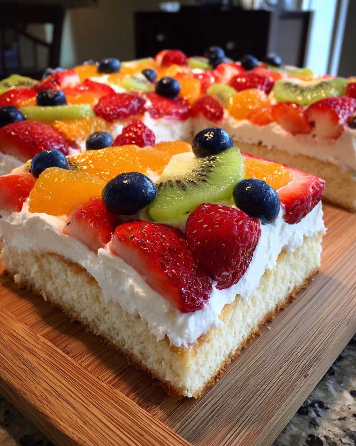 A cross-section view of a fruit pizza sugar cookie topped with whipped cream and fresh berries and kiwi.