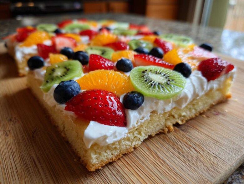 A close-up of a slice of fruit pizza sugar cookie topped with whipped cream, kiwi, strawberries, blueberries, and orange segments.