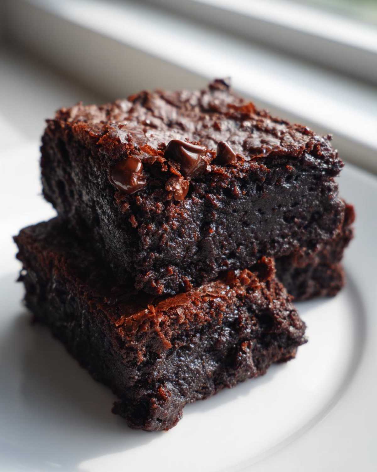 Two stacked, rich, dark chocolate black bean brownies with melted chocolate chips on top, sitting on a white plate.