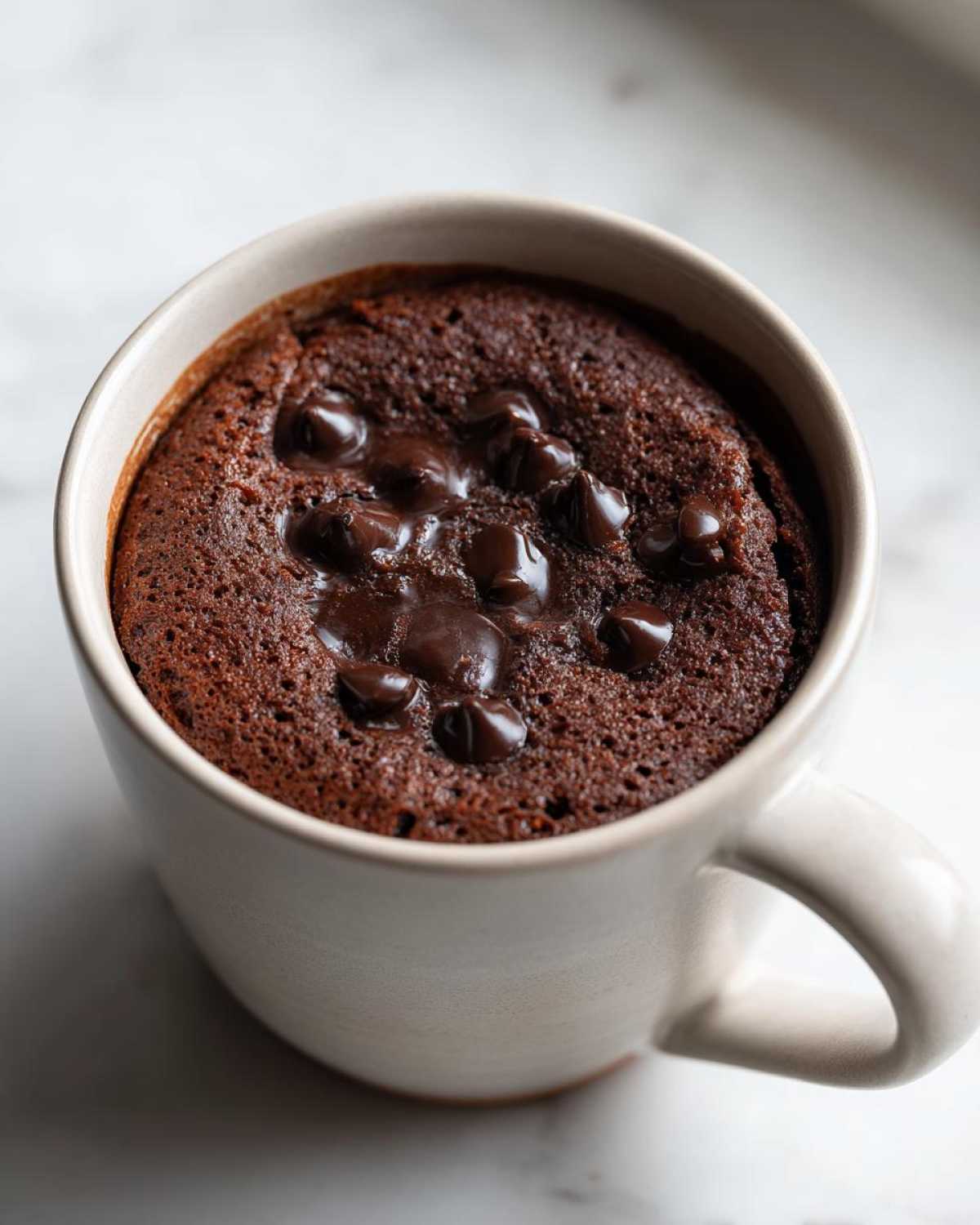 Close-up of a fudgy chocolate mug cake topped with melted chocolate chips, ready to eat.