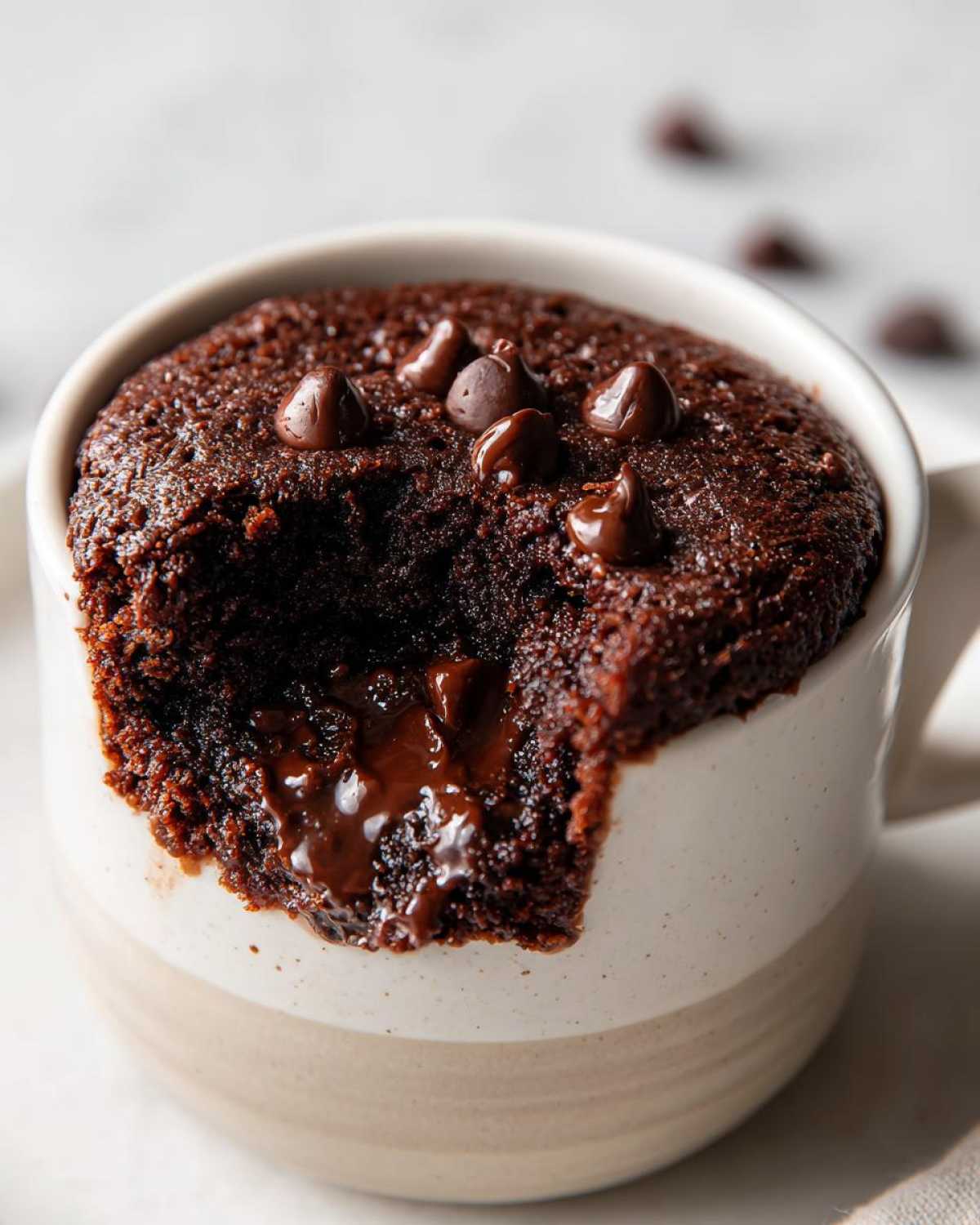 Close-up of a fudgy chocolate mug cake with melted chocolate oozing out and chocolate chips on top.