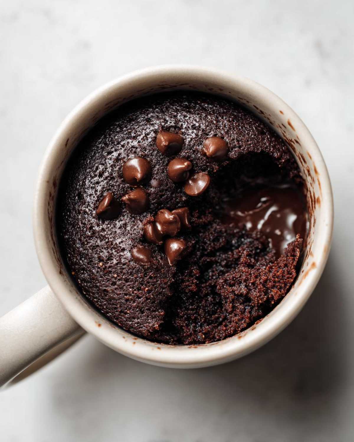 Overhead view of a rich, fudgy chocolate mug cake with chocolate chips and a gooey center.