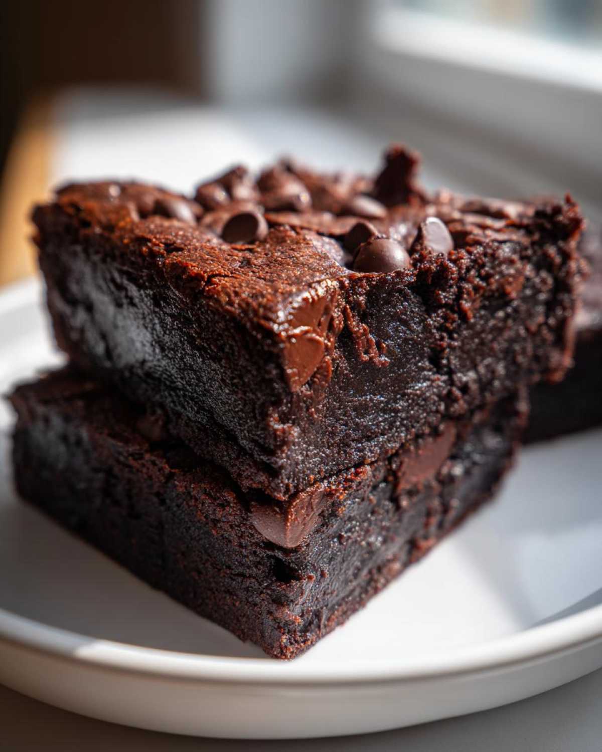 Close-up of two stacked, fudgy black bean brownies topped with melted chocolate chips on a white plate.