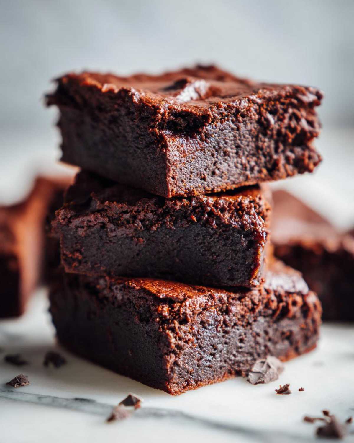 A close-up stack of three fudgy, dark chocolate sweet potato brownies sitting on a white marble surface.