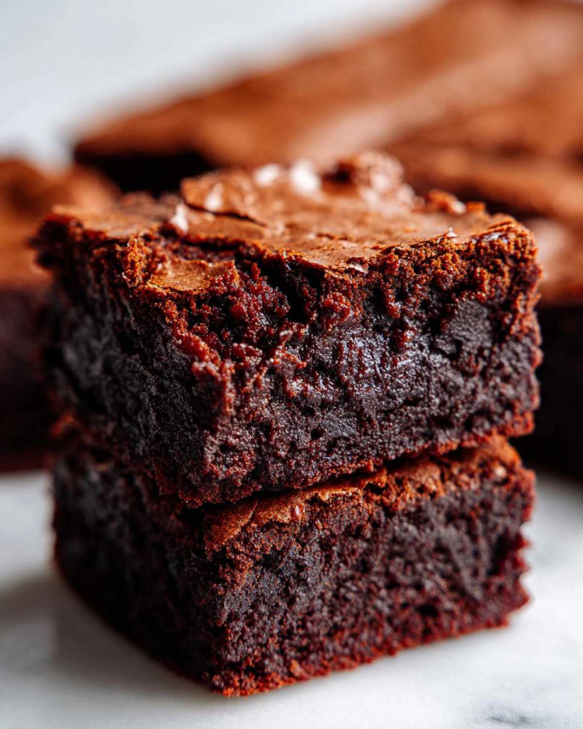 Close-up of two stacked, rich, fudgy sweet potato brownies with a crackly top.