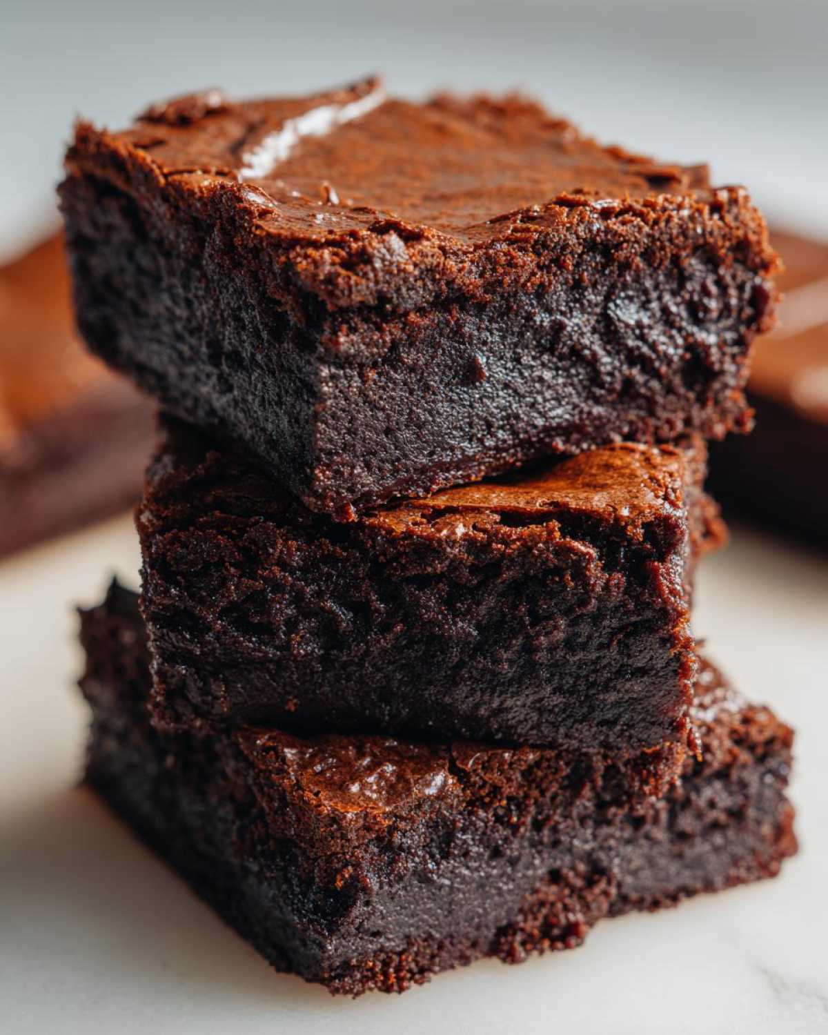 A close-up stack of three rich, dark, and fudgy sweet potato brownies with shiny tops.