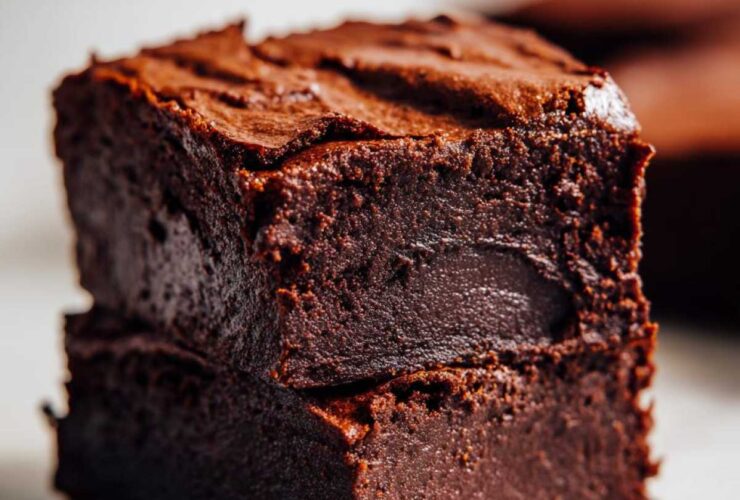 Close-up of two stacked, rich, dark, and fudgy sweet potato brownies resting on a white marble surface.