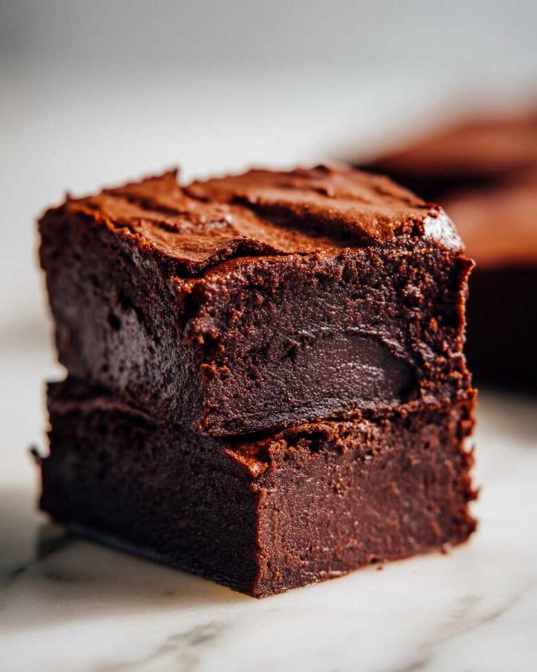 Close-up of two stacked, rich, dark, and fudgy sweet potato brownies resting on a white marble surface.