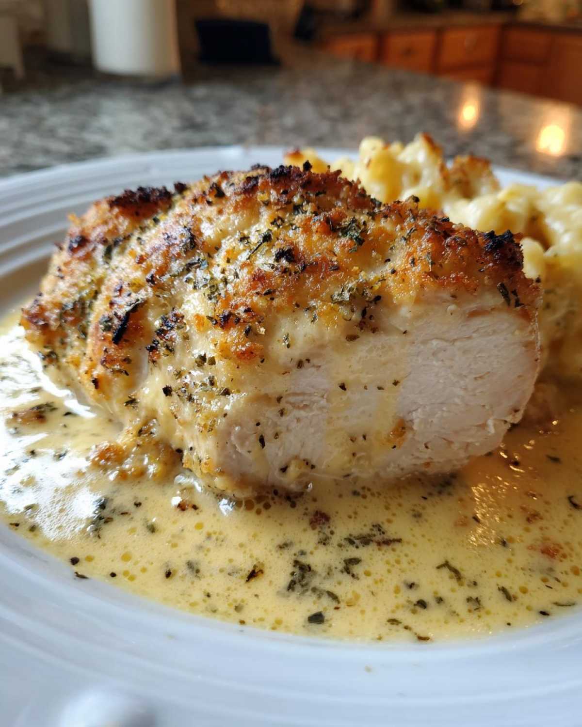 A cross-section of a perfectly cooked Garlic Parmesan Chicken Bake resting in creamy sauce.