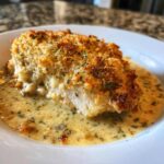 A cross-section of Garlic Parmesan Chicken Bake with a crispy topping served in a creamy sauce.