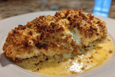 Close-up of a perfectly baked Garlic Parmesan Chicken Bake with a crispy golden crust, sitting in a pool of buttery sauce.