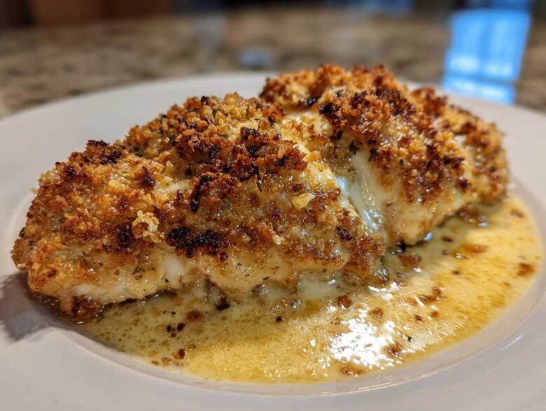Close-up of a perfectly baked Garlic Parmesan Chicken Bake with a crispy golden crust, sitting in a pool of buttery sauce.