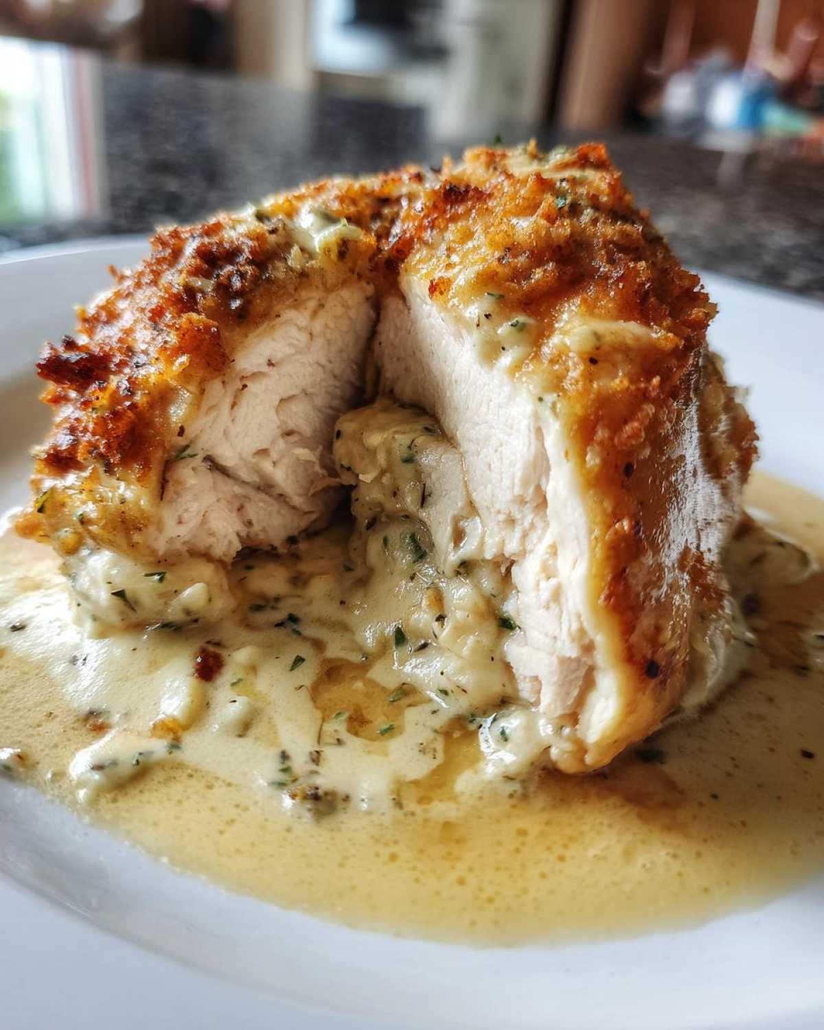 Close-up of a Garlic Parmesan Chicken Bake cut in half, showing juicy white meat and creamy garlic parmesan sauce.