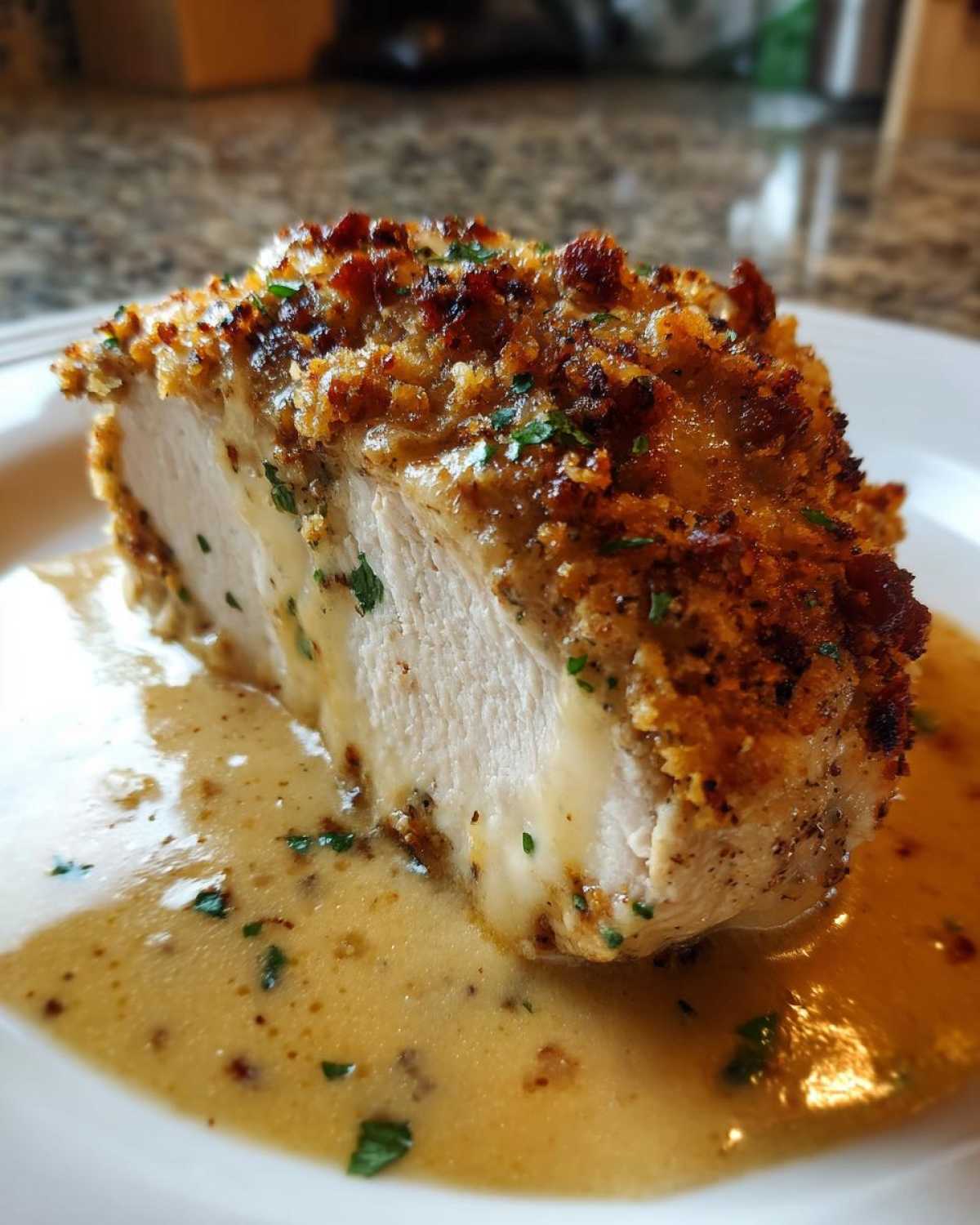 Cross-section of a moist Garlic Parmesan Chicken Bake piece covered in crispy topping and rich sauce.