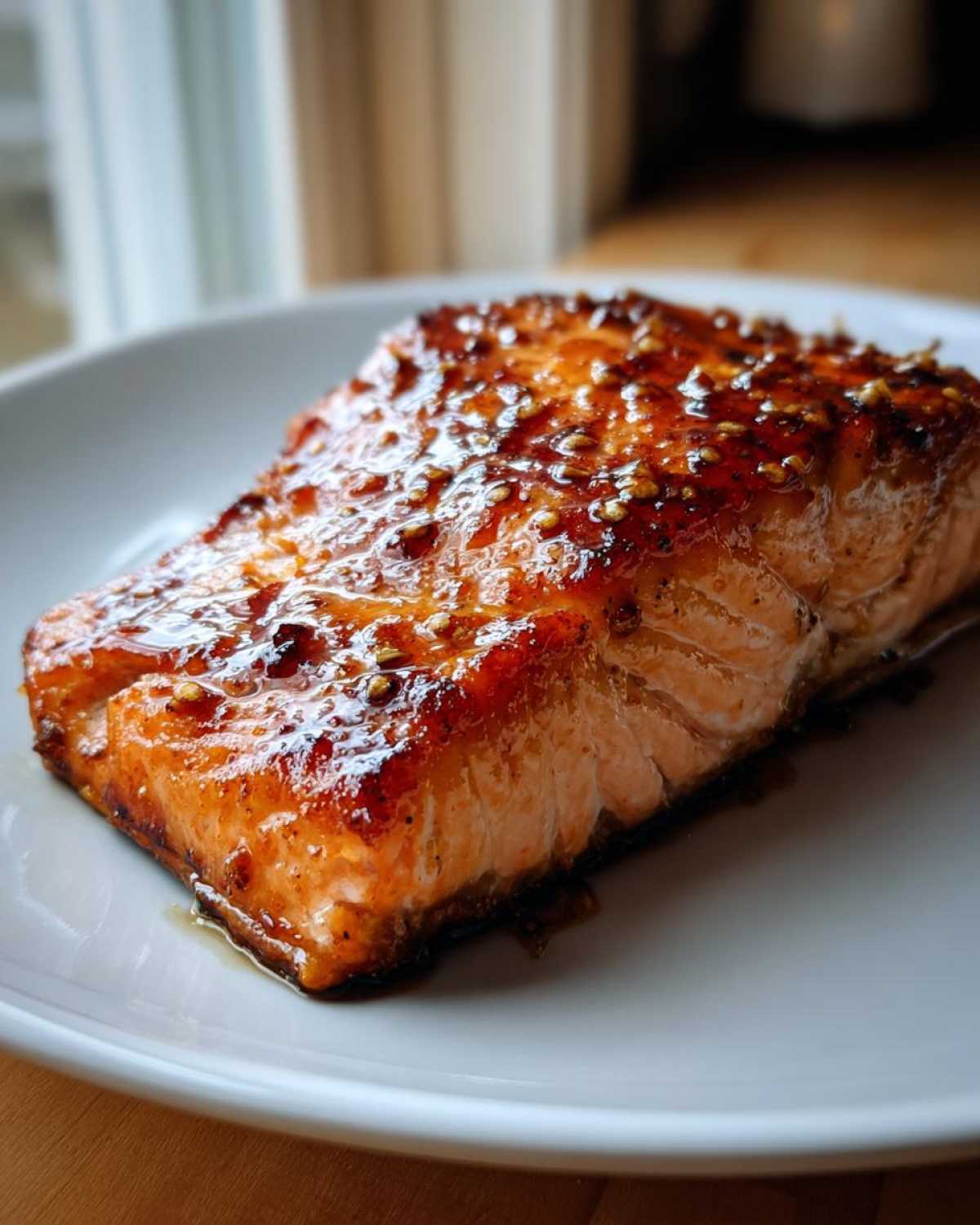 Close-up of a perfectly cooked, glazed salmon fillet topped with sesame seeds on a white plate.