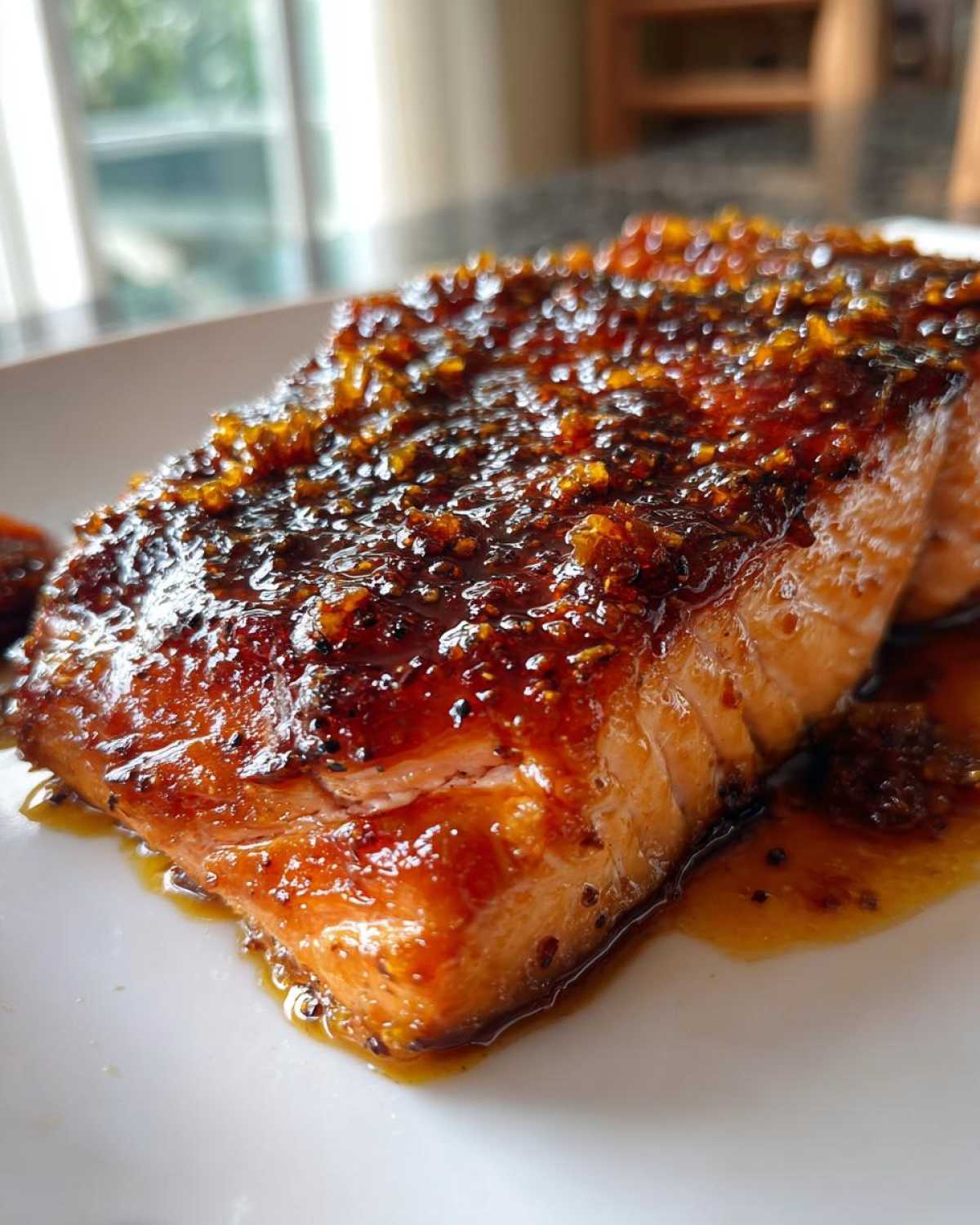Close-up of a perfectly cooked salmon fillet topped with a thick, glistening, dark orange glaze.