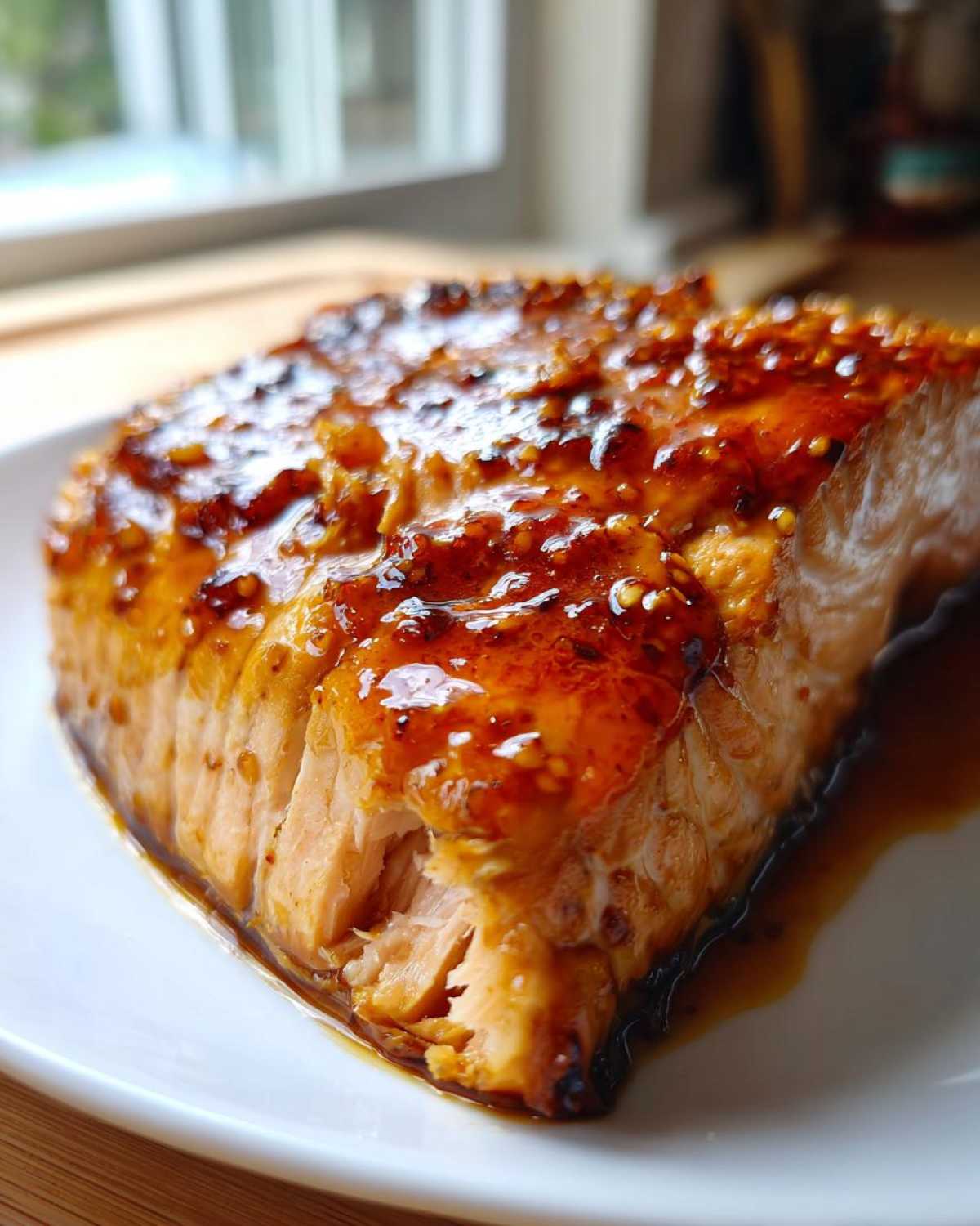 Close-up of a perfectly cooked salmon fillet topped with a thick, shiny, sweet and savory glaze.
