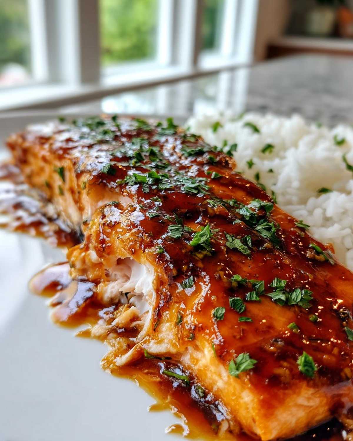 Close-up of a perfectly cooked salmon fillet covered in a shiny brown glaze and fresh parsley, served next to white rice.