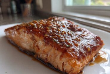 Close-up of a perfectly cooked salmon fillet glazed with a sticky, brown sauce topped with minced garlic.