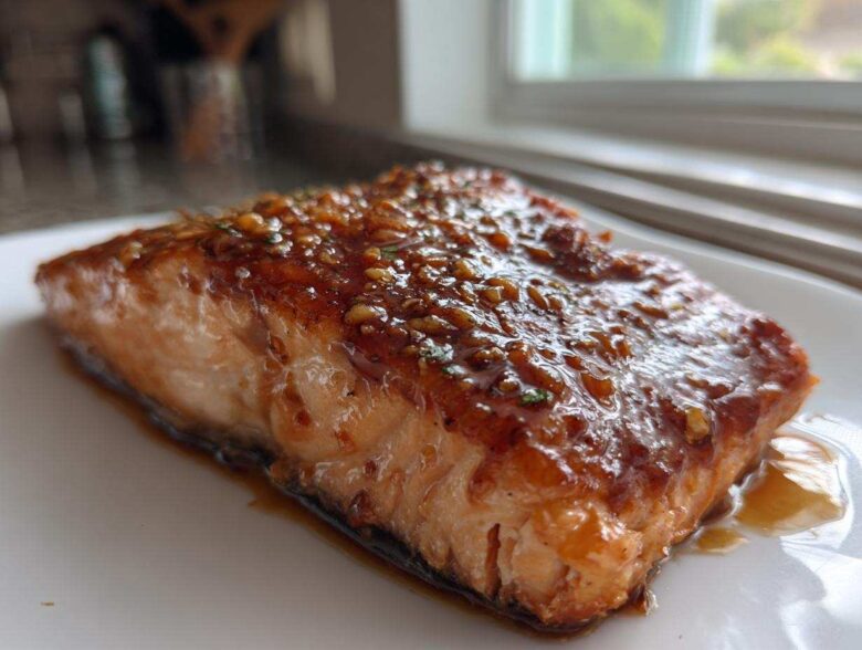 Close-up of a perfectly cooked salmon fillet glazed with a sticky, brown sauce topped with minced garlic.