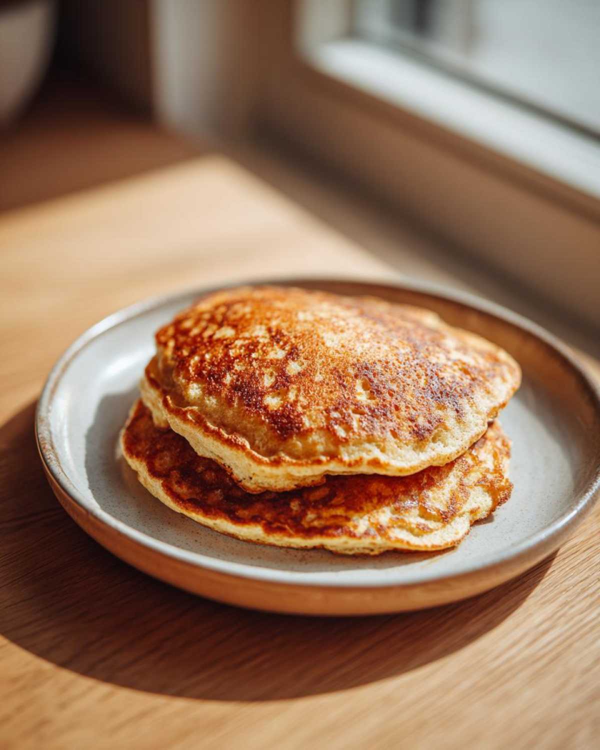 A stack of two golden brown almond flour pancakes resting on a light-colored plate near a window.