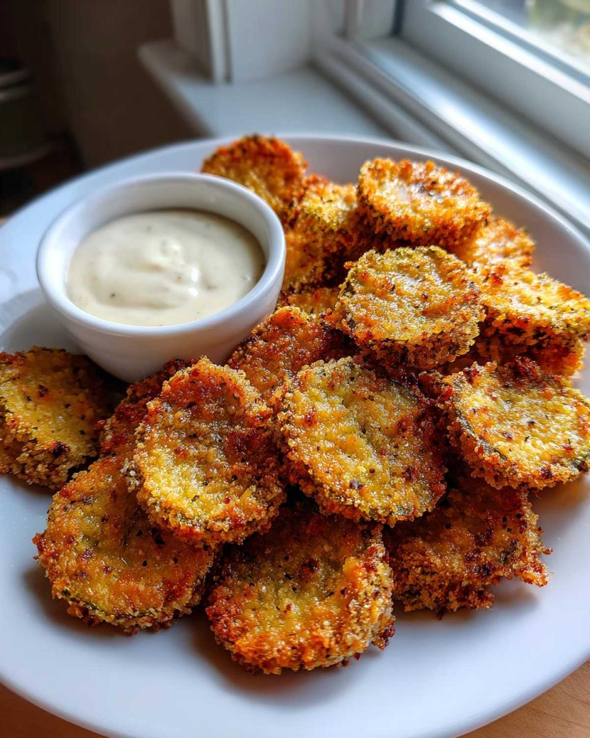A plate stacked high with golden brown, crispy Fried Pickles served alongside a small bowl of creamy dipping sauce.