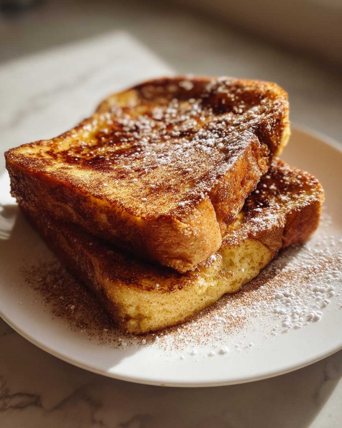 Two thick slices of golden brown easy french toast stacked on a white plate, dusted heavily with powdered sugar and cinnamon.