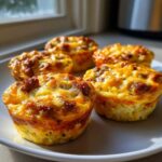 Close-up of five freshly baked, golden brown Egg Muffin Cups with visible sausage pieces on a white plate.