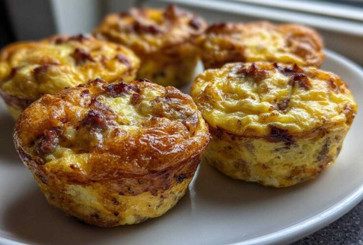 Close-up of four golden brown sausage Egg Muffin Cups resting on a light-colored plate near a window.