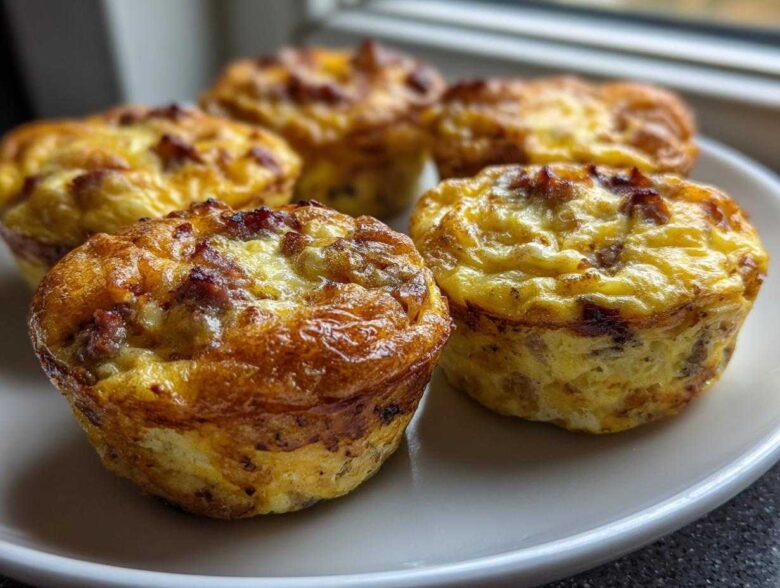 Close-up of four golden brown sausage Egg Muffin Cups resting on a light-colored plate near a window.