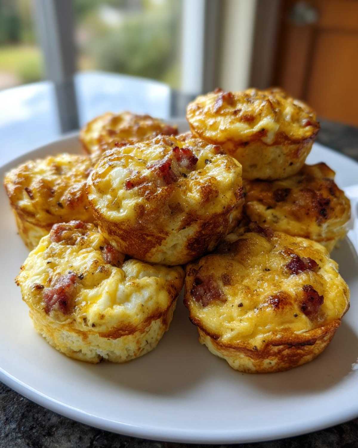A stack of freshly baked, golden brown Egg Muffin Cups with visible bits of meat, served on a white plate.