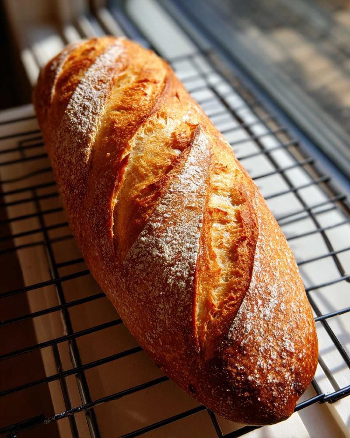 A freshly baked, golden brown loaf of French bread with deep slashes and a light dusting of flour, cooling on a black wire rack near a window.