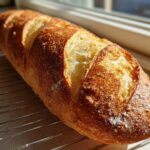 A freshly baked loaf of golden brown French bread cooling on a wire rack near a window.