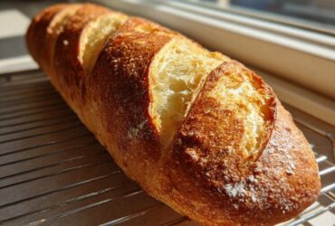 A freshly baked loaf of golden brown French bread cooling on a wire rack near a window.