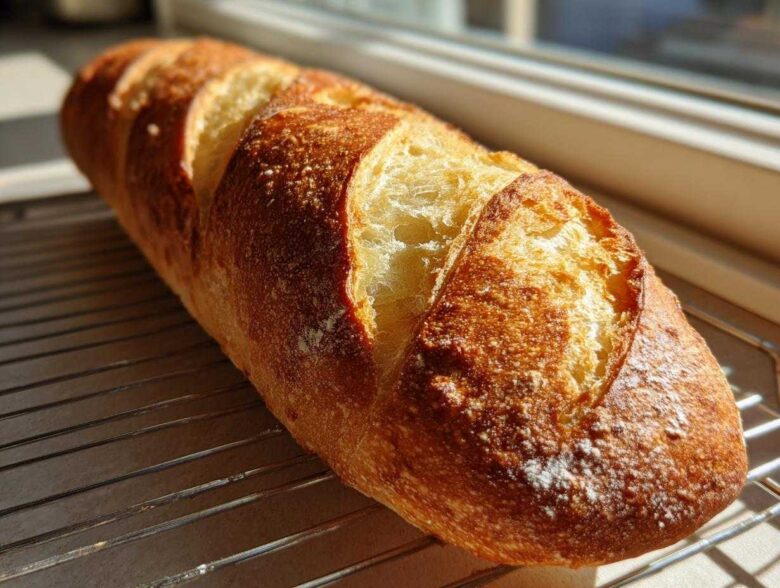 A freshly baked loaf of golden brown French bread cooling on a wire rack near a window.