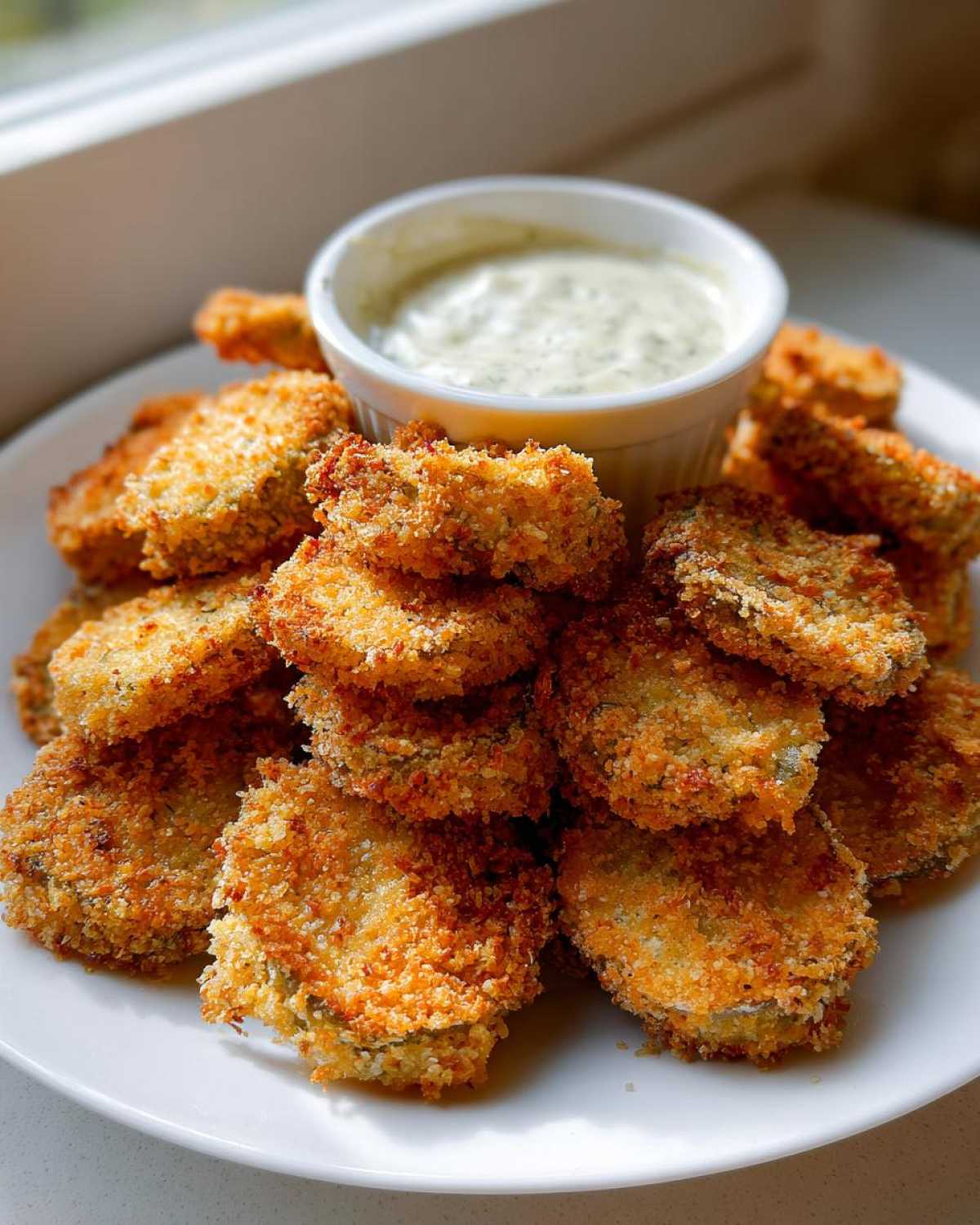 A pile of golden brown, crispy Fried Pickles served on a white plate next to a small ramekin of creamy dipping sauce.