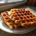 A stack of golden brown, freshly made high protein waffles drizzled with syrup, sitting on a white plate near a window.