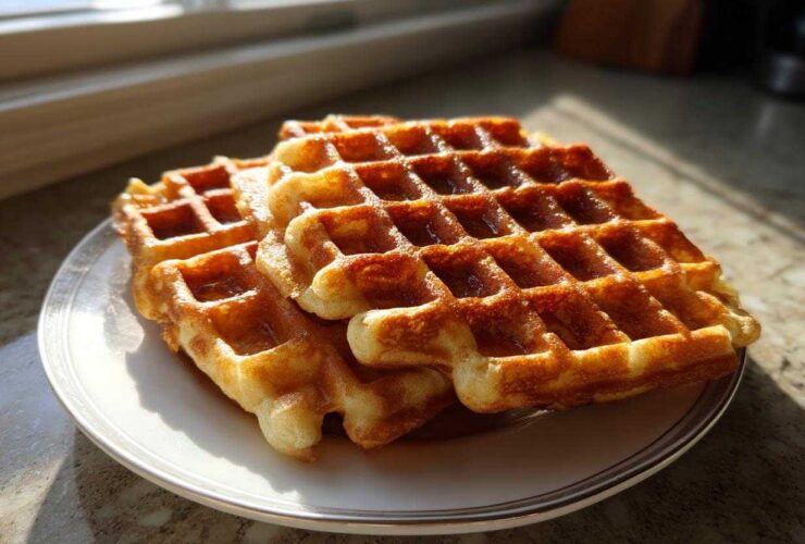 A stack of golden brown, freshly made high protein waffles drizzled with syrup, sitting on a white plate near a window.