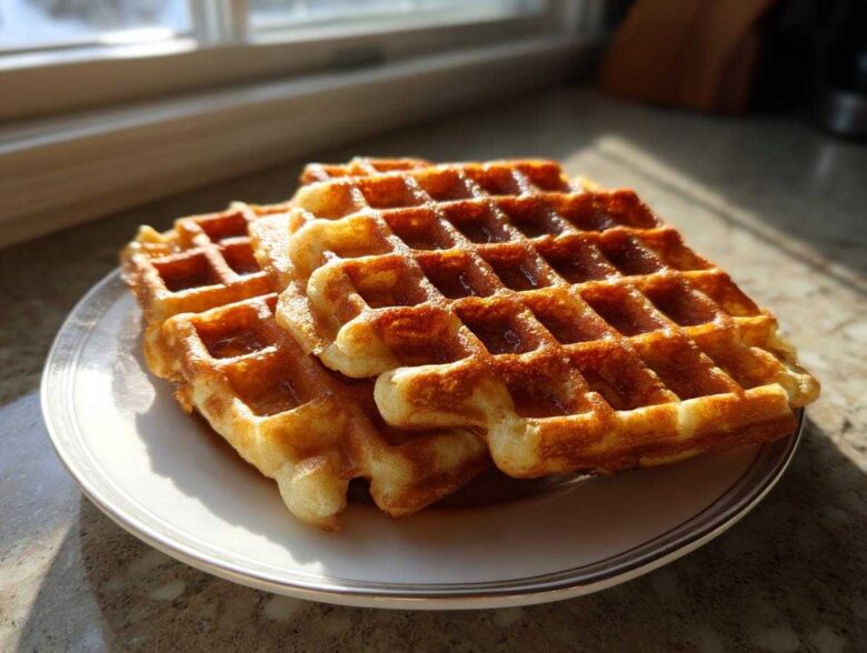 A stack of golden brown, freshly made high protein waffles drizzled with syrup, sitting on a white plate near a window.