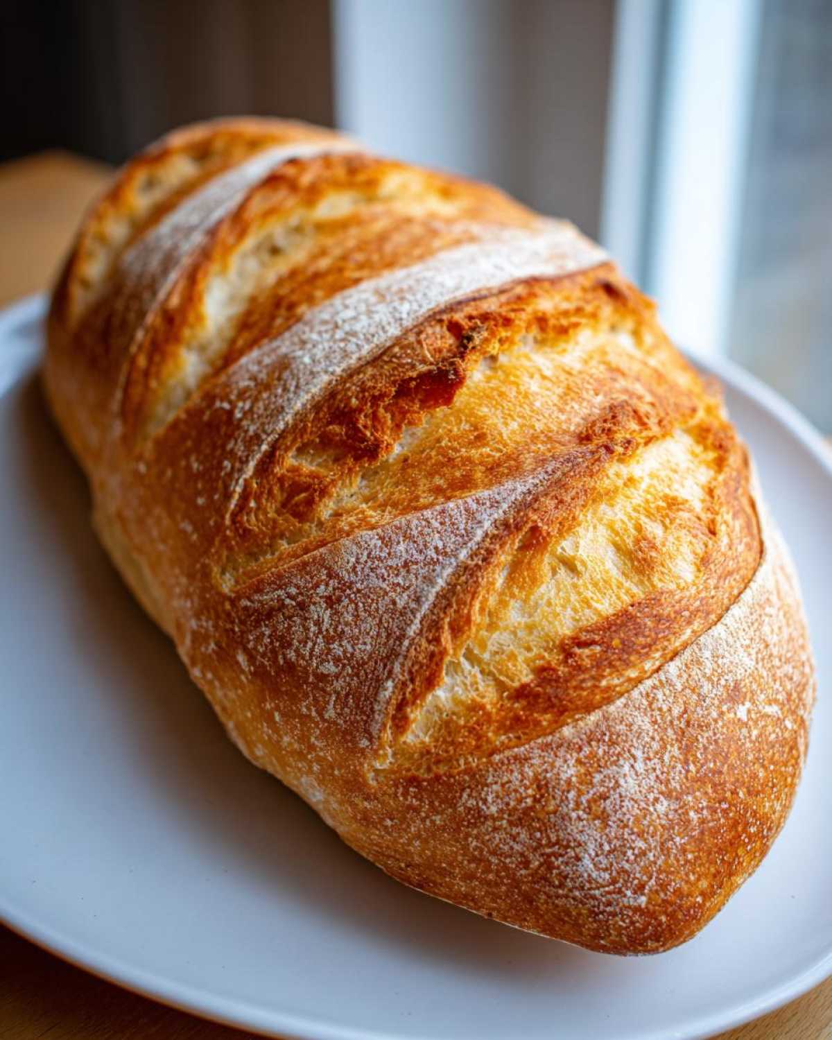 A beautifully baked loaf of Italian bread with a golden, scored crust resting on a white plate.