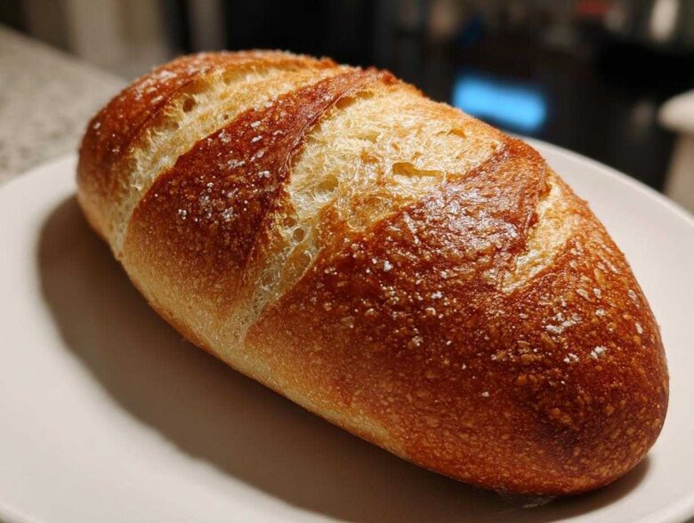 Close-up of a perfectly baked Italian bread loaf with a golden-brown, scored crust sprinkled with coarse salt.