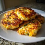 A stack of four golden brown, cheesy mashed potato cakes garnished with fresh chives on a white plate.