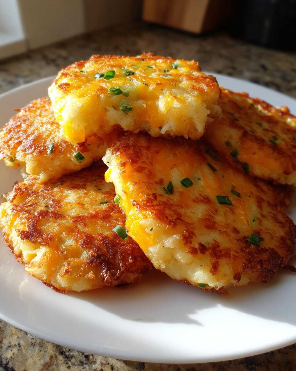 A stack of golden brown, crispy mashed potato cakes topped with melted cheddar cheese and chives.
