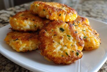 A stack of five golden brown, pan-fried mashed potato cakes mixed with melted cheddar cheese and chives.