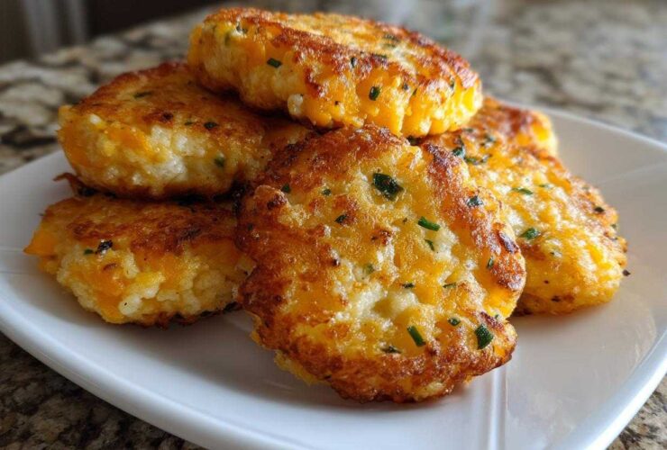 A stack of five golden brown, pan-fried mashed potato cakes mixed with melted cheddar cheese and chives.