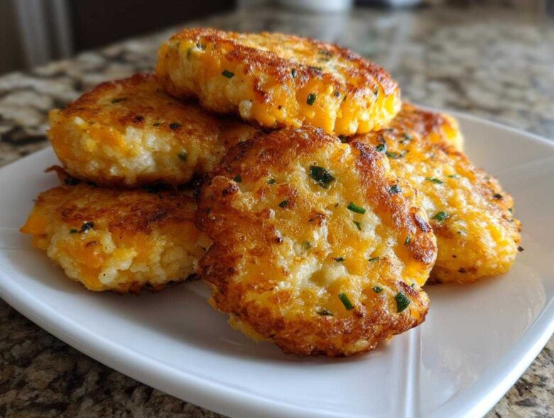 A stack of five golden brown, pan-fried mashed potato cakes mixed with melted cheddar cheese and chives.